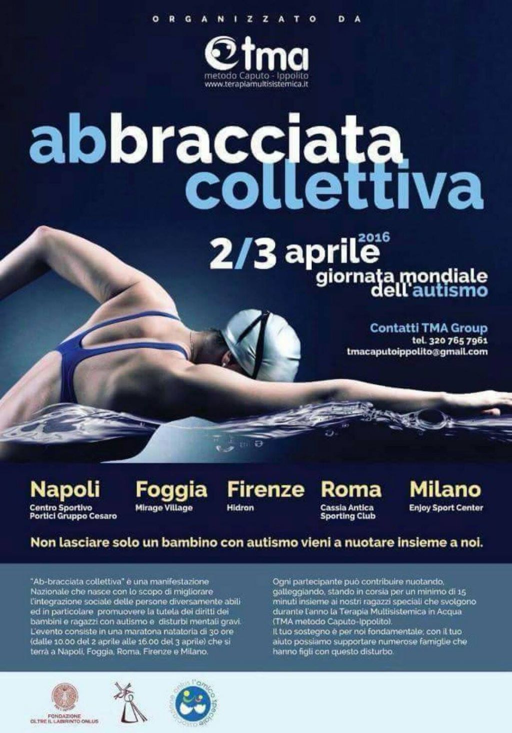 Abbracciata collettiva, la maratona di nuoto per l’integrazione dei bambini autistici