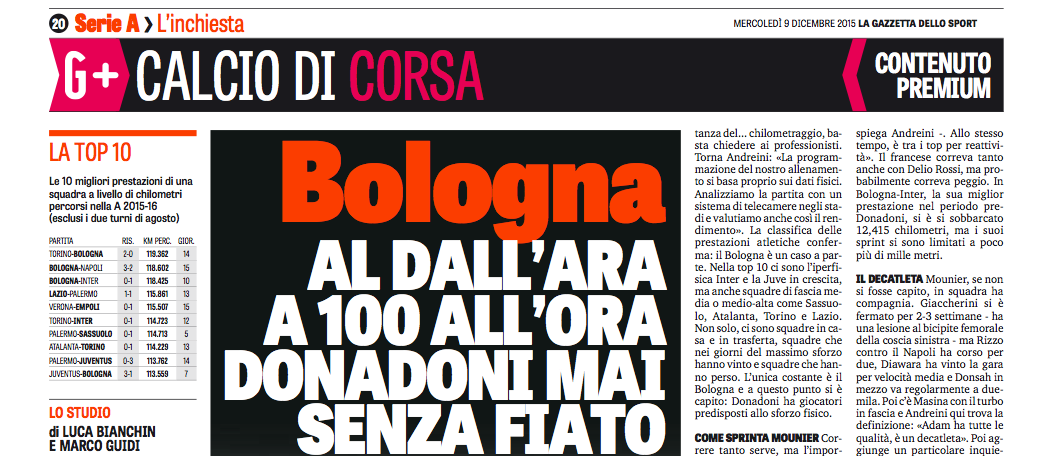 Oggi anche la Gazzetta scopre che il Bologna è la squadra che corre di più