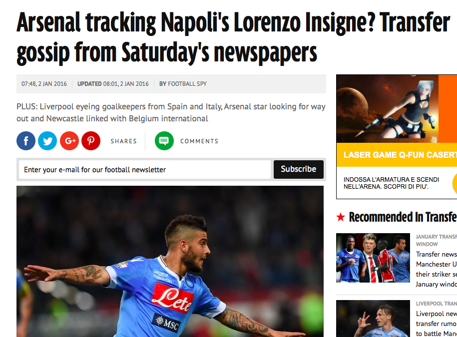 Tutto il mondo è mercato: per il Mirror l’Arsenal vuole Insigne. Per As c’è anche il Psg