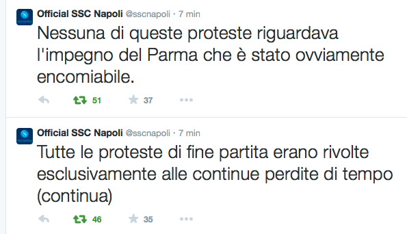 Tweet del Napoli: «Le proteste erano per le perdite di tempo del Parma. Impegno dei parmigiani encomiabile»