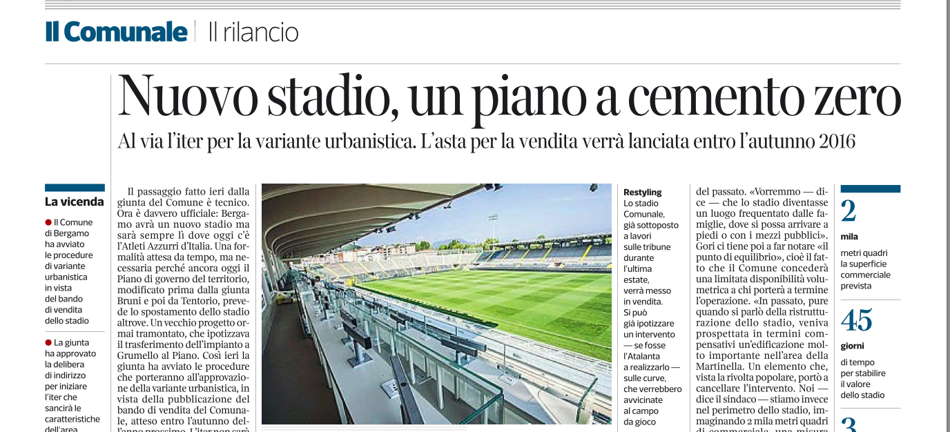 Bergamo ha già vinto la partita dello stadio: il Comune lo mette in vendita