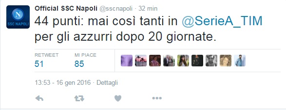 Napoli nella storia, mai 44 punti in 20 giornate. La società celebra il record su Twitter