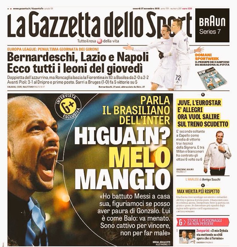 Verso Napoli-Inter / La Gazzetta intervista Felipe Melo e pubblica in prima pagina: «Higuain? Va menato». Quantomeno di dubbio gusto