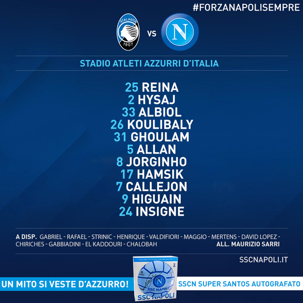 Atalanta-Napoli, formazione tipo per Sarri