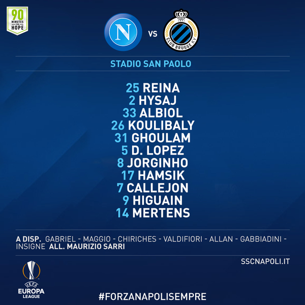 Napoli-Bruges, formazioni ufficiali: turn over e 4-3-3 per Sarri. Riposano Valdifiori e Allan