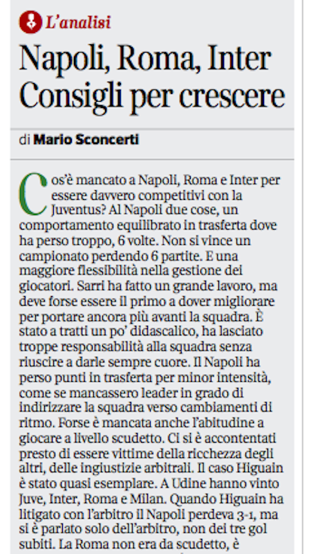 Sconcerti: «Sarri sia più flessibile nella gestione della rosa. E troppe energie spese nel vittimismo»