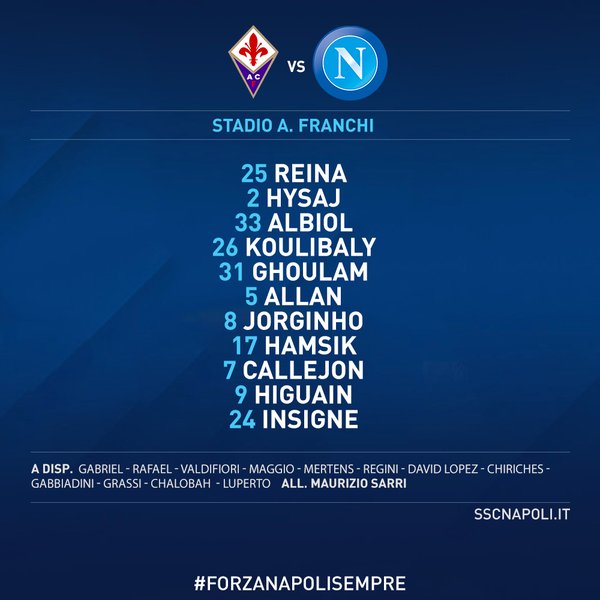 Fiorentina-Napoli, le formazioni ufficiali. Bernardeschi out, per Sarri tutti i titolarissimi