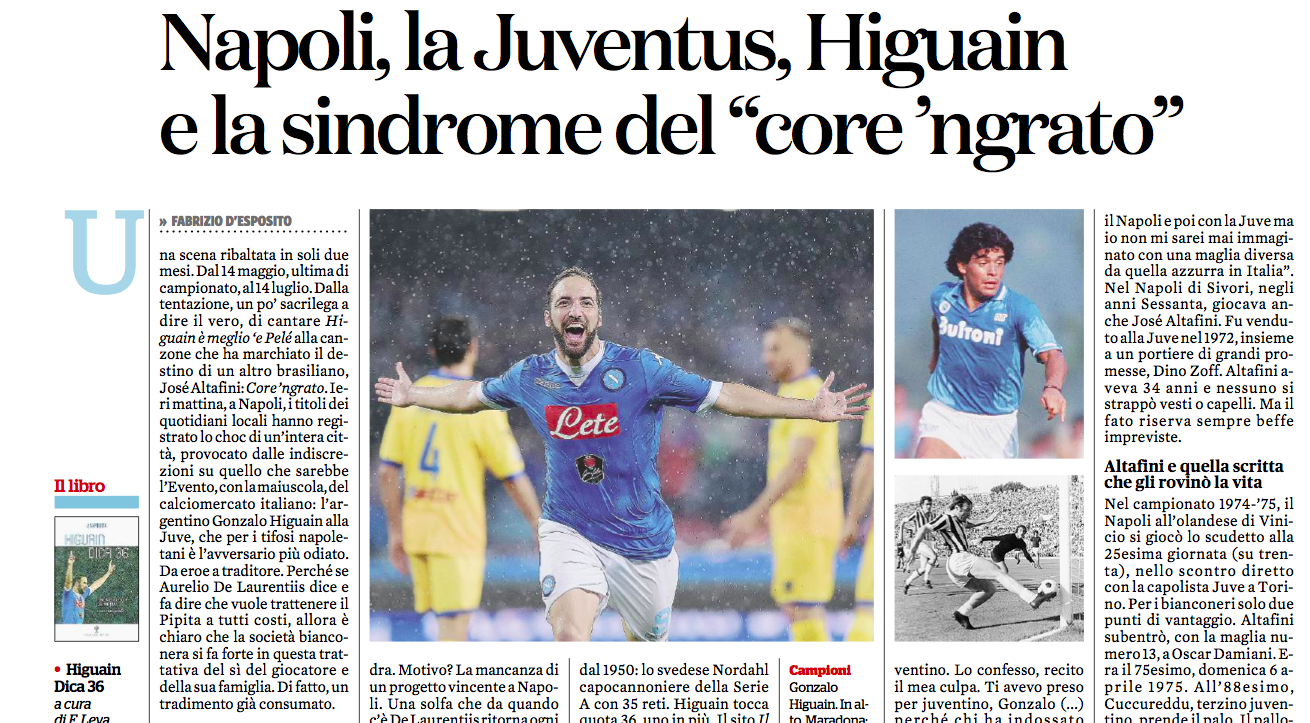 Sul Fatto quotidiano il tradimento di Higuain