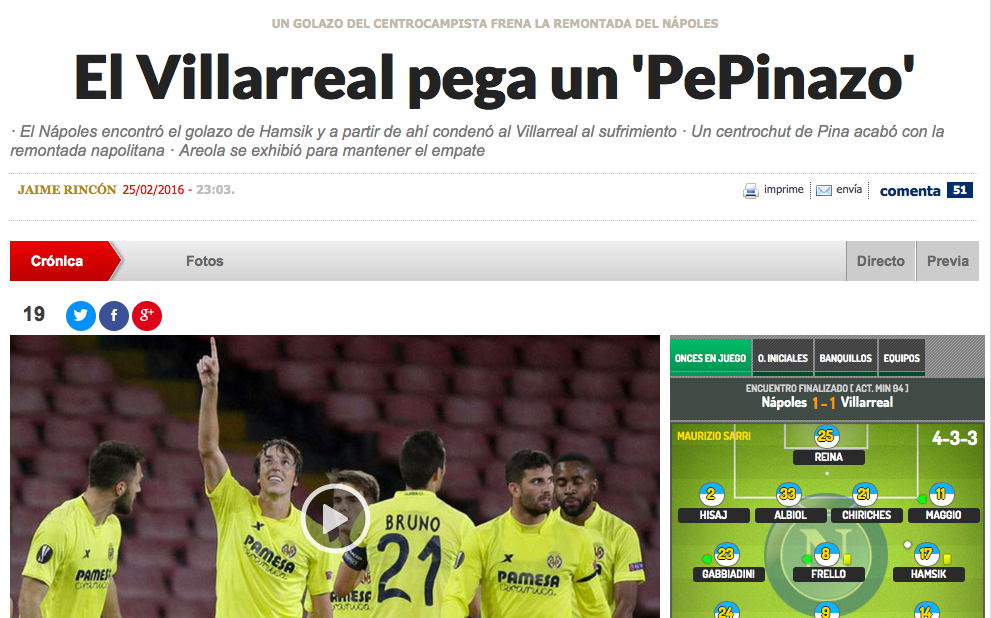 La stampa spagnola elogia il Villarreal e il gol del PePinazo