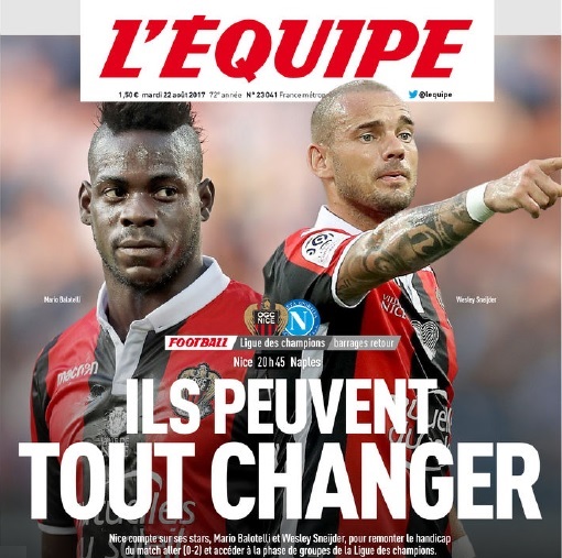 L’Equipe su Nizza-Napoli: «Sneijder e Balotelli possono cambiare tutto»