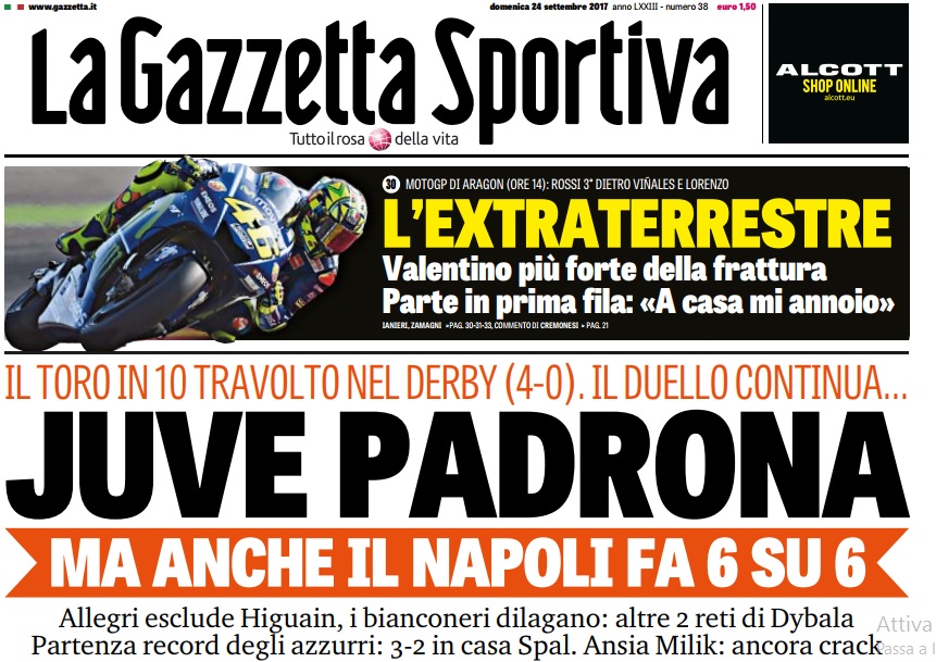 Per la Gazzetta è “Juve padrona”, il Napoli vale solo un sottotitolo