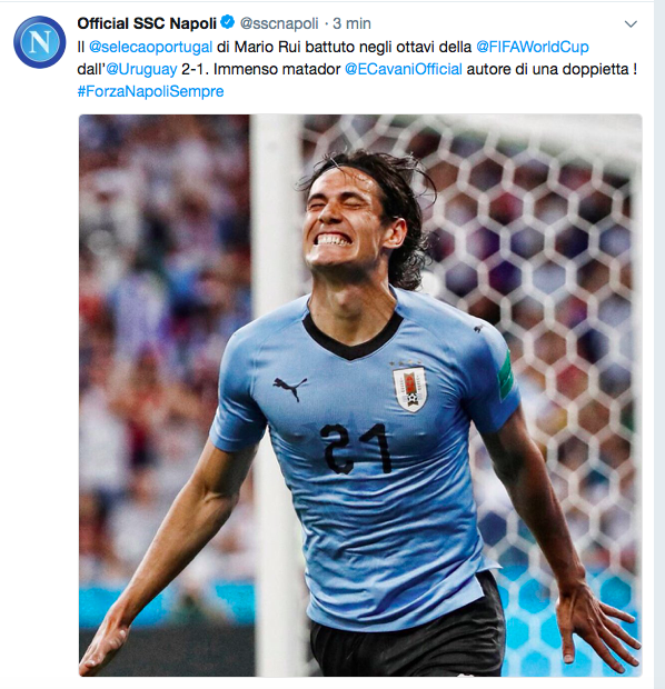 Su Twitter il Napoli celebra la doppietta di Cavani: “Immenso Matador”