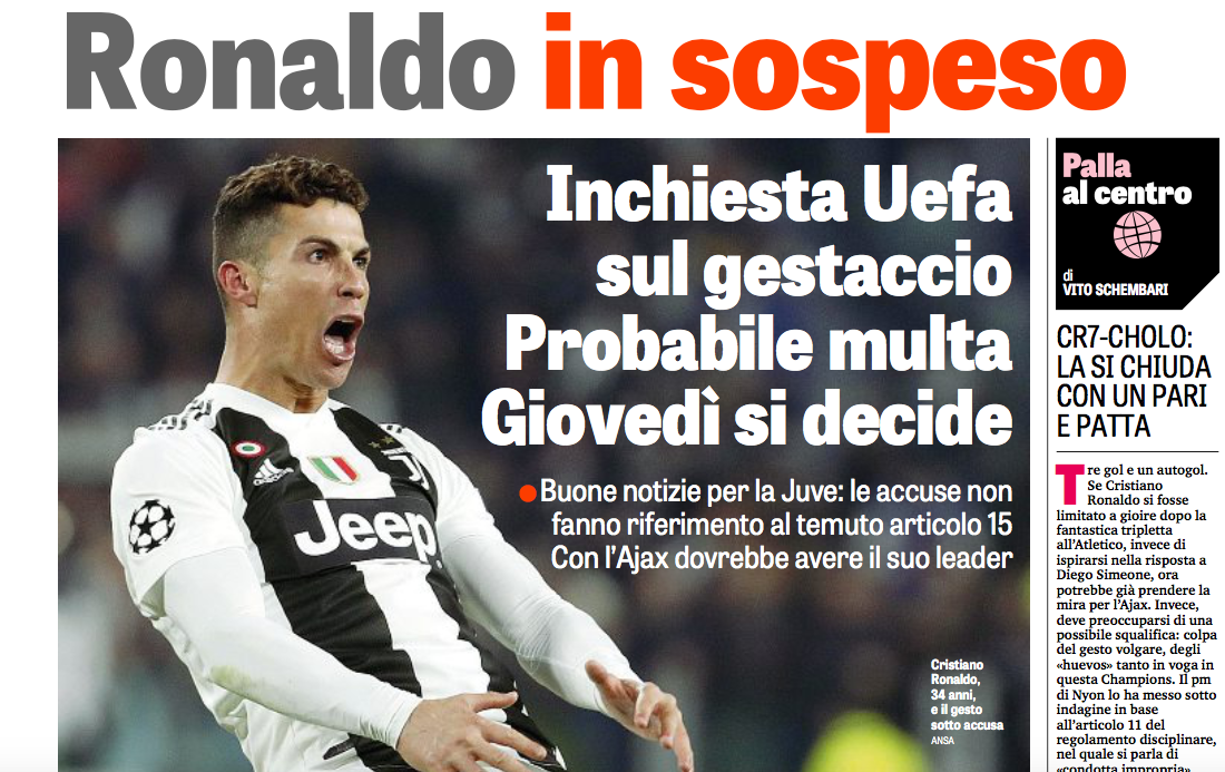 Squalifica Ronaldo, Gazzetta tutta contenta che l’Uefa non ha inserito la provocazione ai tifosi